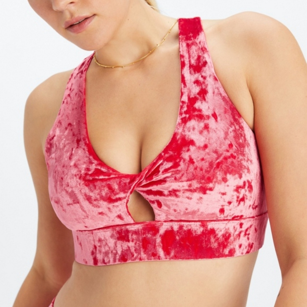 Oasis Crushed Velour Twist Sports Bra in strawberry red size medium